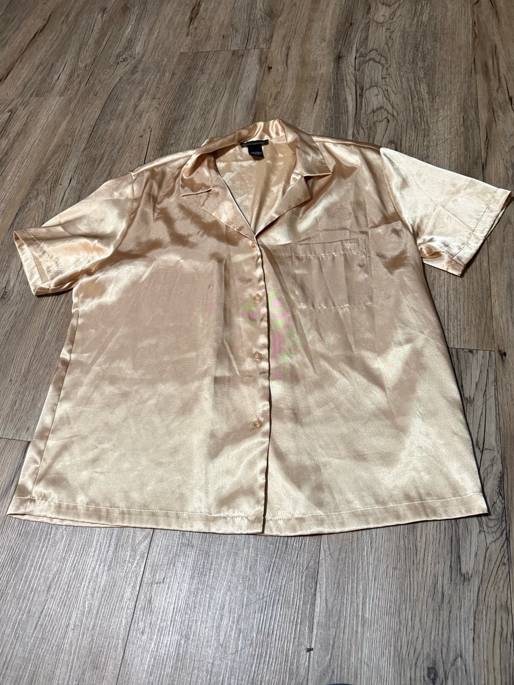 Vintage Jones NY gold satin button up pj lounge top metallic large short sleeve